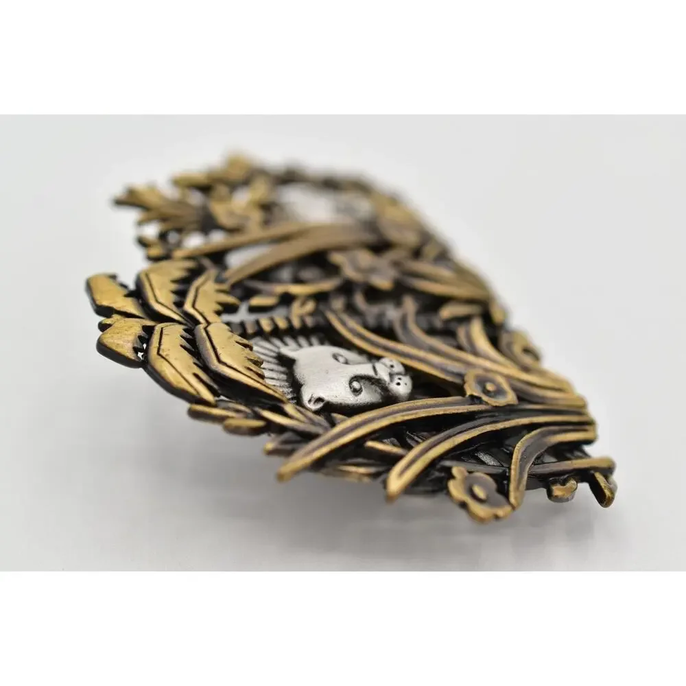 JJ Vintage Jungle Lion Pin Brooch Chunky Pewter Brass Chunky Rare Signed 80s 9B